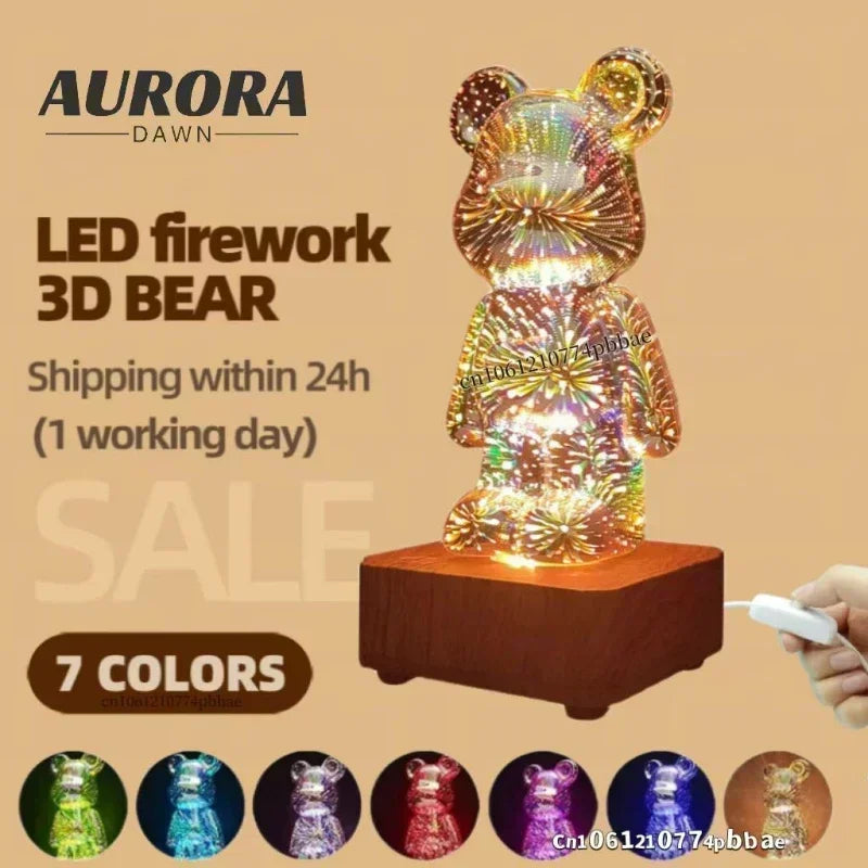 3D Fireworks Bear Night Light Projection Colorful USB Atmosphere Dimming Living Decorative Decor Room 3D Glass Fireworks Bedroom