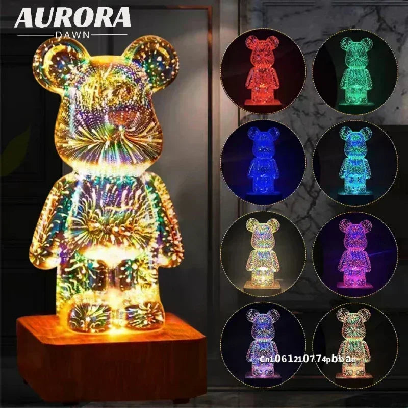 3D Fireworks Bear Night Light Projection Colorful USB Atmosphere Dimming Living Decorative Decor Room 3D Glass Fireworks Bedroom